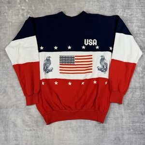 Vintage 80s USA Sweatshirt Mens Large Red White Blue Colorblock Flag Patriotic